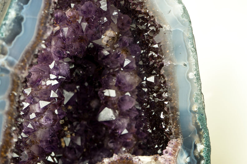 Natürliche blau gebänderte Achat-Geode mit seltener tiefvioletter Amethyst-Krone