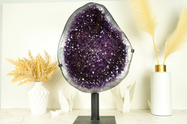 Spectacular Large Amethyst Geode Cluster with Purple Galaxy Druzy and Polished Agate Border
