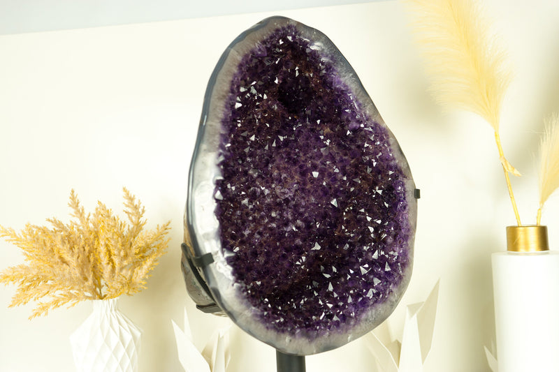 Spectacular Large Amethyst Geode Cluster with Purple Galaxy Druzy and Polished Agate Border