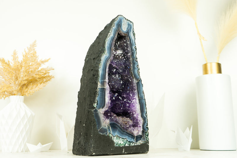 Rare Deep Blue Agate Geode with Blue Sugar Druzy Amethyst,