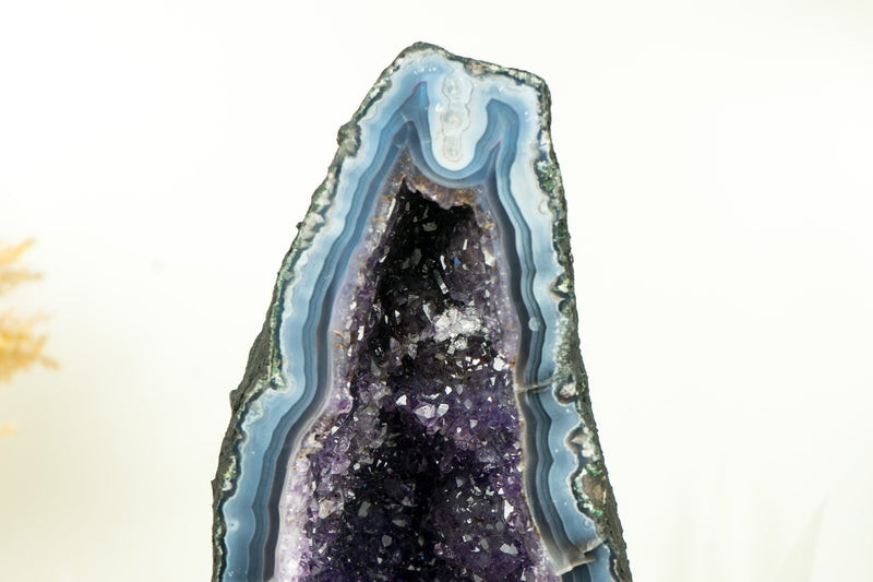 Rare Deep Blue Agate Geode with Blue Sugar Druzy Amethyst,