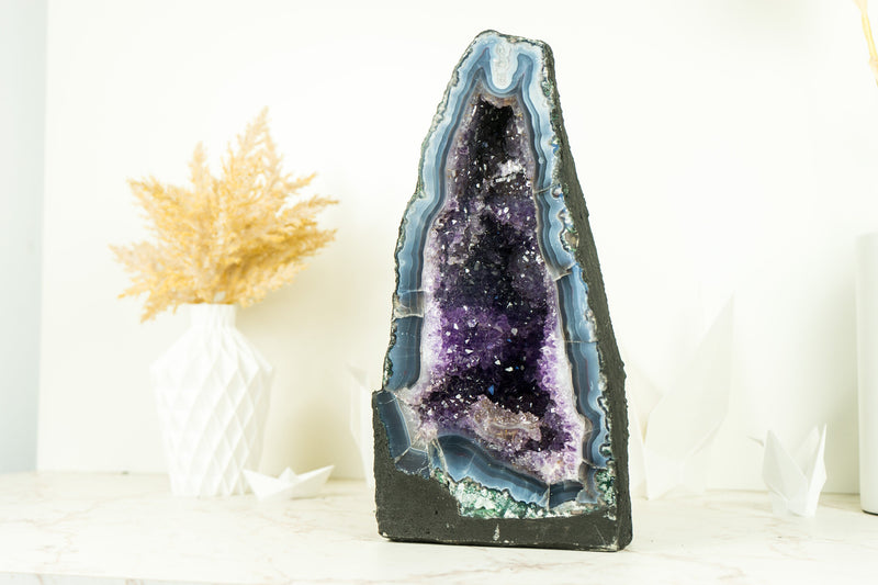 Rare Deep Blue Agate Geode with Blue Sugar Druzy Amethyst,
