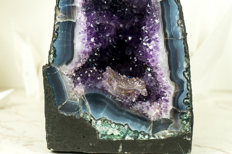 Rare Deep Blue Agate Geode with Blue Sugar Druzy Amethyst,