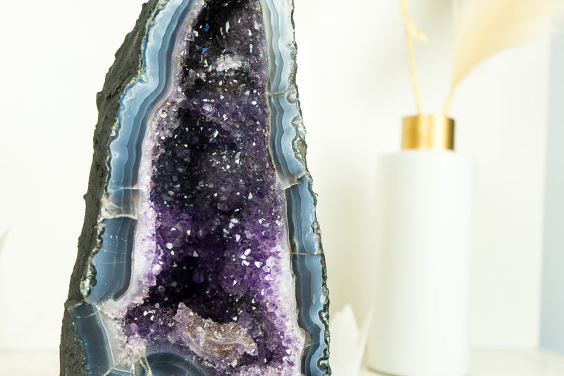 Rare Deep Blue Agate Geode with Blue Sugar Druzy Amethyst,