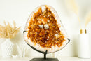 Large Rich Yellow Citrine Geode on Stand with a Delicate Calcite Flower - Merchant Stone