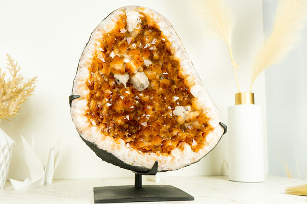 Large Rich Yellow Citrine Geode on Stand with a Delicate Calcite Flower - Merchant Stone