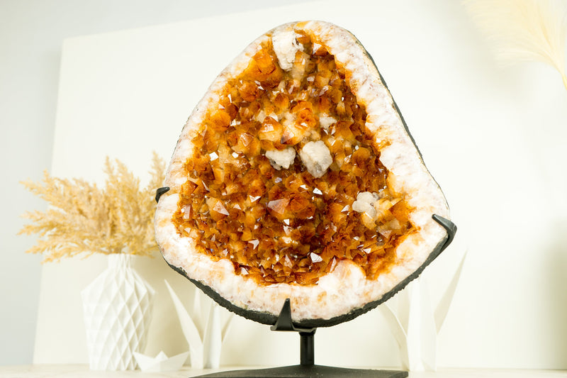 Large Rich Yellow Citrine Geode on Stand with a Delicate Calcite Flower - Merchant Stone