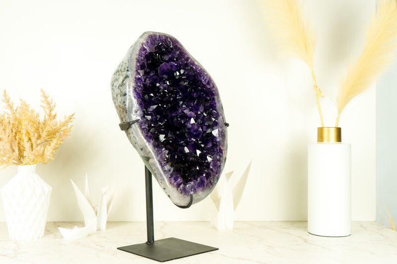 Spectacular Amethyst Geode on 360º Stand with Large Dark Purple Amethyst Druzy and Polished Borders