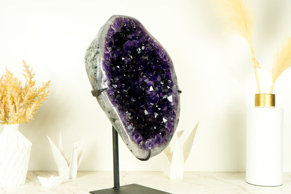 Spectacular Amethyst Geode on 360º Stand with Large Dark Purple Amethyst Druzy and Polished Borders