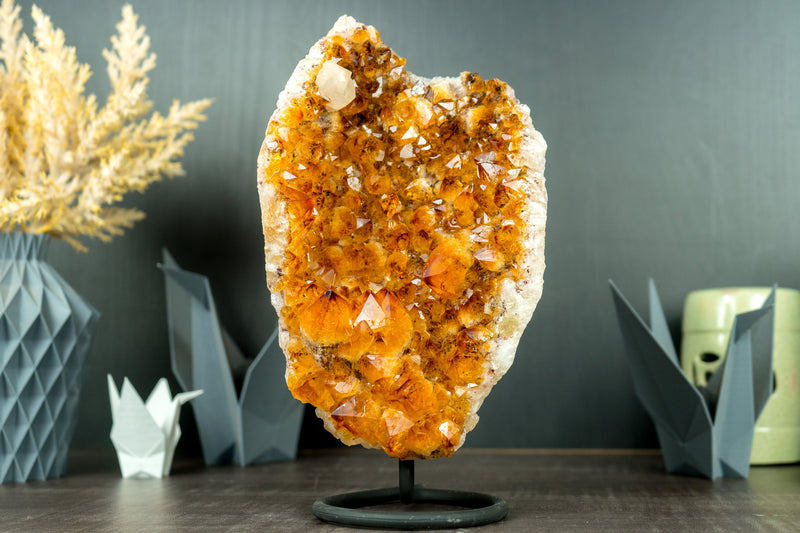 AAA Rich, Deep Orange Natural Citrine Cluster with Citrine Rosettes and Calcite on Stand
