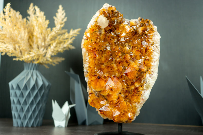 AAA Rich, Deep Orange Natural Citrine Cluster with Citrine Rosettes and Calcite on Stand