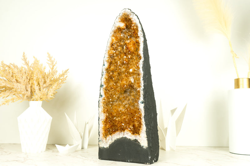 Yellow Citrine Crystal Geode with Stalactite Flowers, Tall, Large & Ethical