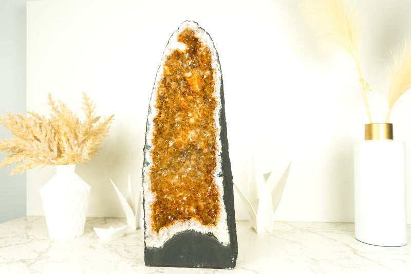 Yellow Citrine Crystal Geode with Stalactite Flowers, Tall, Large & Ethical