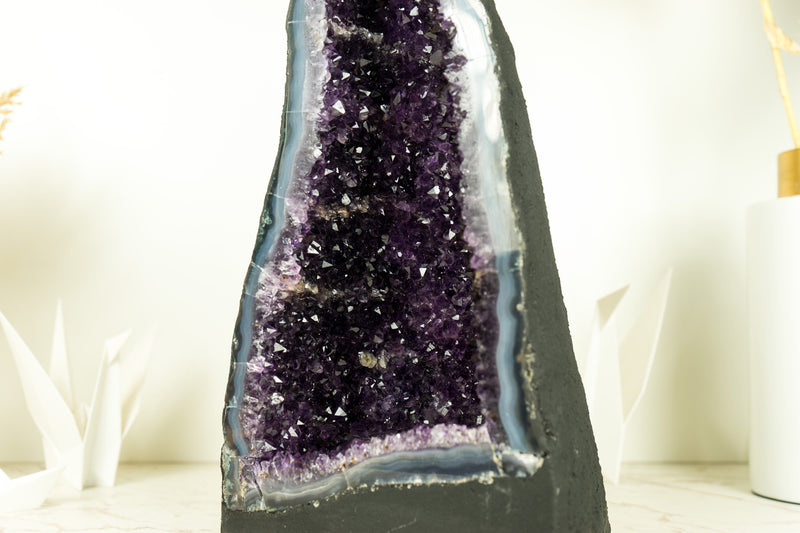 Amethyst with Blue Banded Agate Geode Cathedral, with Deep Purple Amethyst