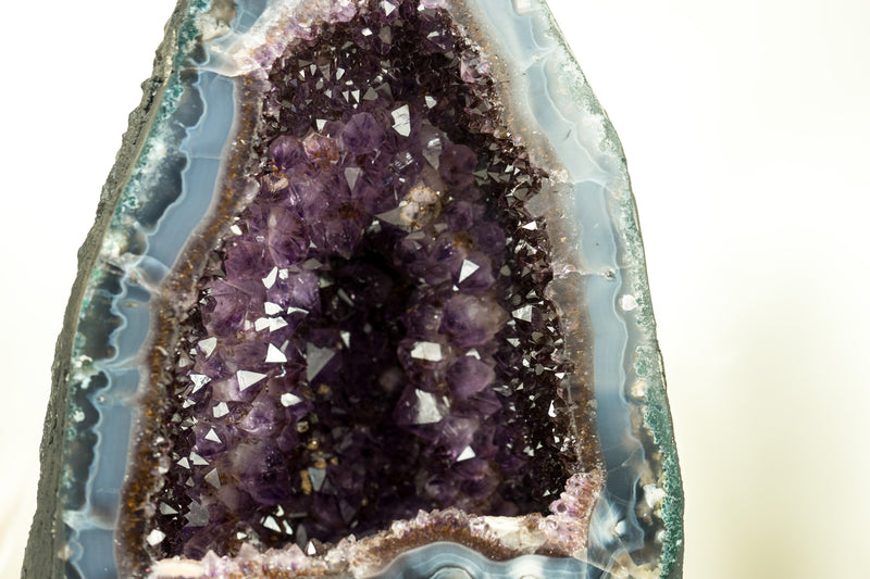 Natural Blue Banded Agate Geode with Rare Deep Purple Amethyst Crown