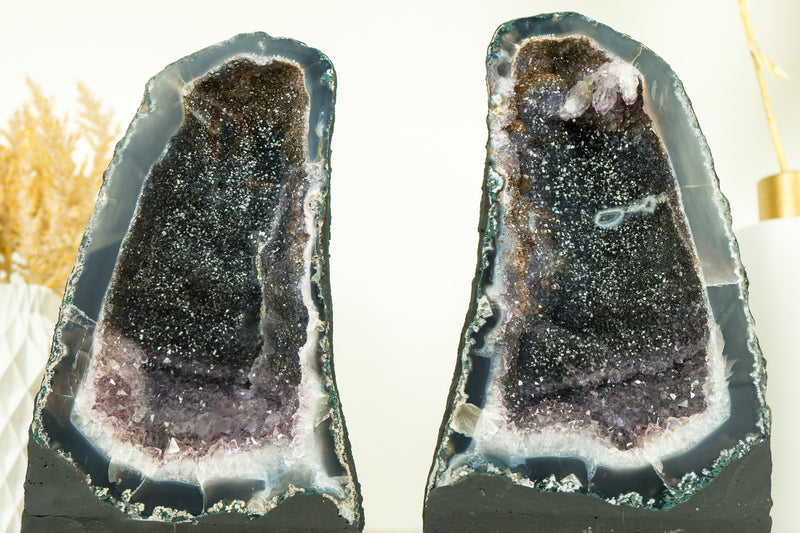 Pair of Book-Matching Natural Galaxy Amethyst Geodes with Agate Matrix and Lavender Druzy