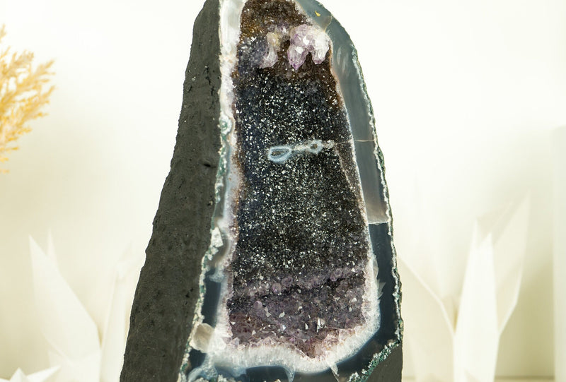 Pair of Book-Matching Natural Galaxy Amethyst Geodes with Agate Matrix and Lavender Druzy