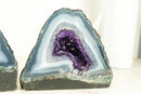 Matching Pair of Small Lace Agate Cathedrals with Deep Purple Crystal Amethyst
