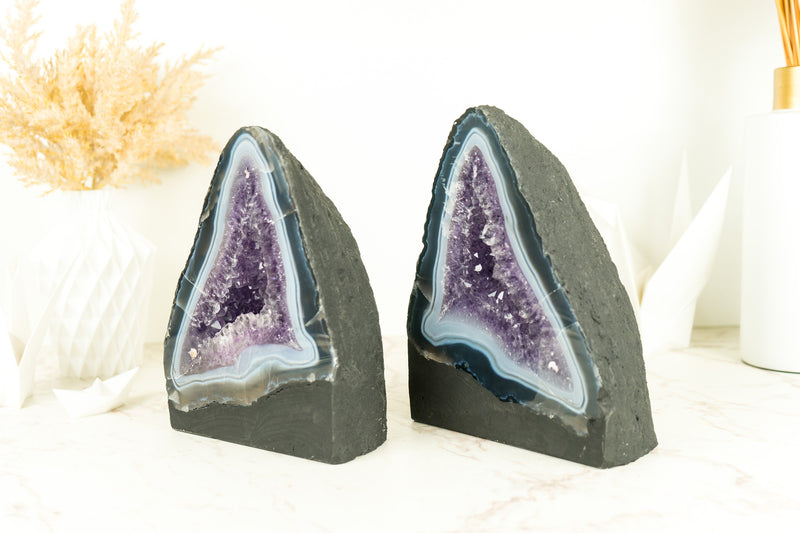 Pair of Book-Matching Blue Lace Agate Geodes with Crystal Amethyst
