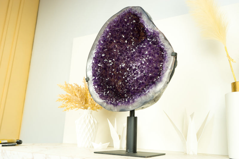 Spectacular Large Amethyst Geode Cluster with Purple Galaxy Druzy and Polished Agate Border
