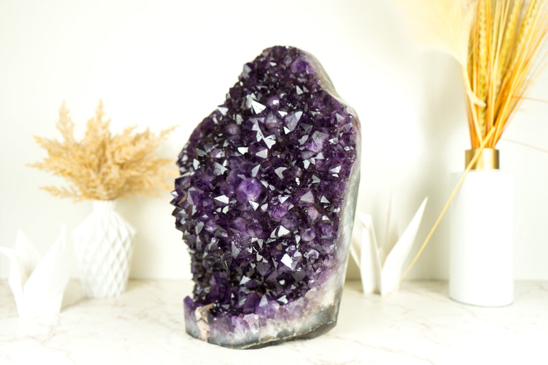 Weltklasse-Amethyst-Geodenblume, extragroß, freistehend, mit dunkelviolettem AAA-Amethyst-Drusenstein
