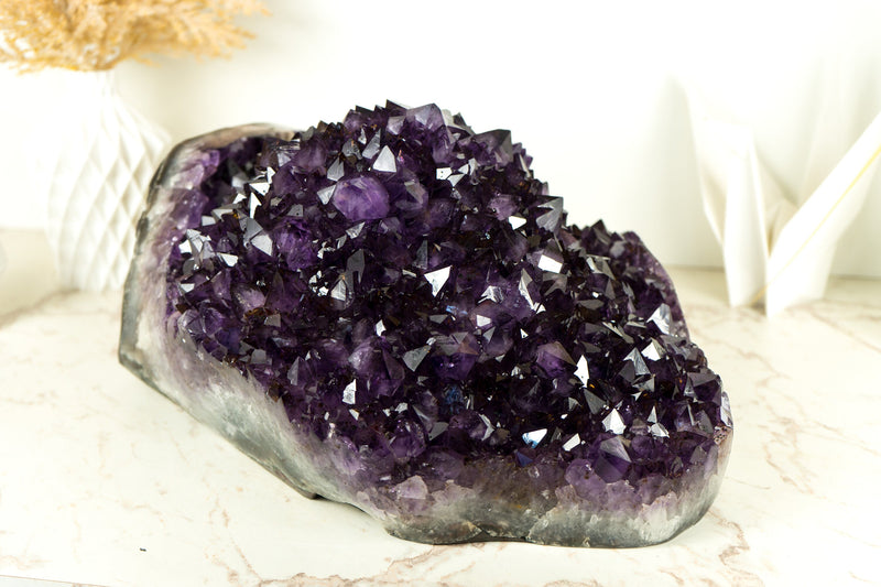 Weltklasse-Amethyst-Geodenblume, extragroß, freistehend, mit dunkelviolettem AAA-Amethyst-Drusenstein