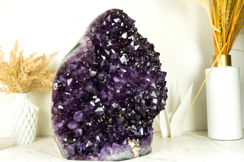 Weltklasse-Amethyst-Geodenblume, extragroß, freistehend, mit dunkelviolettem AAA-Amethyst-Drusenstein