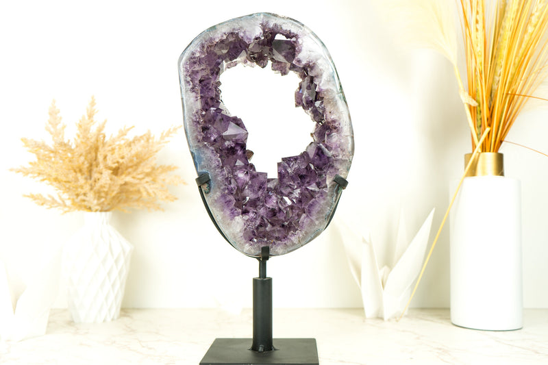 Gorgeous Amethyst Crown Geode Slice with Sparkling Large Purple Druzy on Rotating Stand