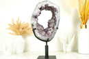 Gorgeous Amethyst Crown Geode Slice with Sparkling Large Purple Druzy on Rotating Stand