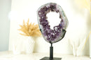 Gorgeous Amethyst Crown Geode Slice with Sparkling Large Purple Druzy on Rotating Stand