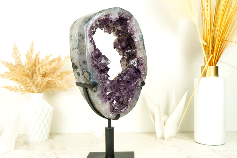 Gorgeous Amethyst Crown Geode Slice with Sparkling Large Purple Druzy on Rotating Stand