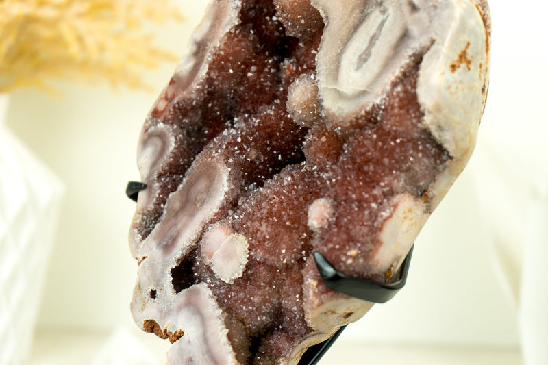 Rare Pink Amethyst Geode with Natural Red Crystal Amethyst Druzy on Stand