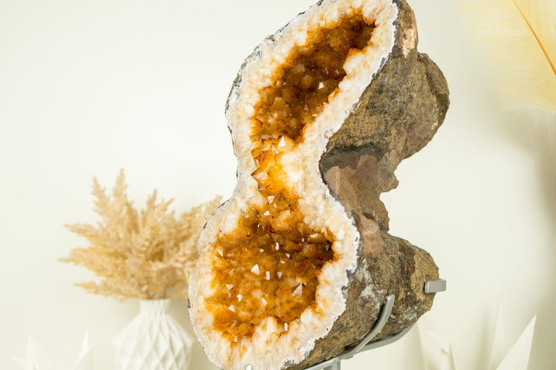 Citrine Geode Formed as the Infinite 8 Formation, Citrine Flower, and Large Orange Citrine Crystal Druzy