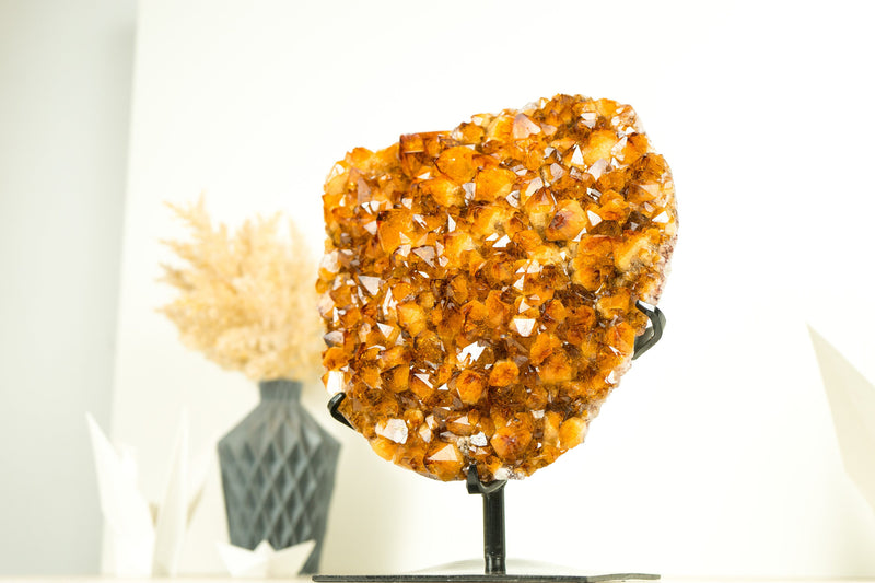 AAA Grade Citrine Cluster on Stand with Golden Orange Druzy and Flower Formation
