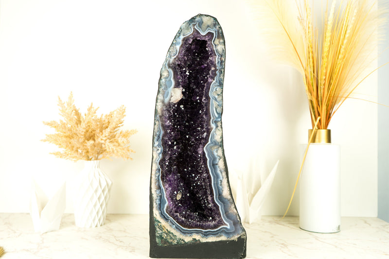 Rare Banded Agate Geode Cathedral with Dark Purple Amethyst, Calcite and Landscaped Agate Drawings