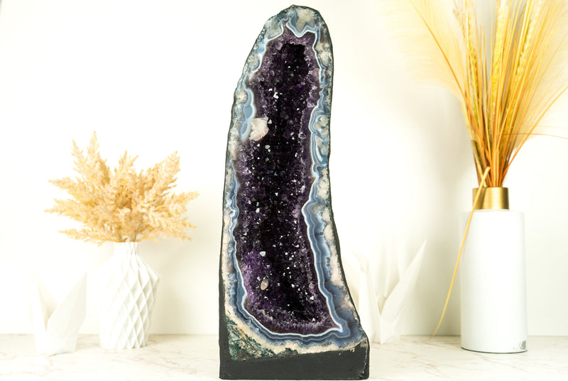 Rare Banded Agate Geode Cathedral with Dark Purple Amethyst, Calcite and Landscaped Agate Drawings