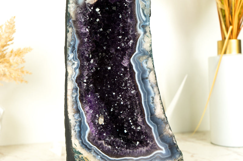 Rare Banded Agate Geode Cathedral with Dark Purple Amethyst, Calcite and Landscaped Agate Drawings