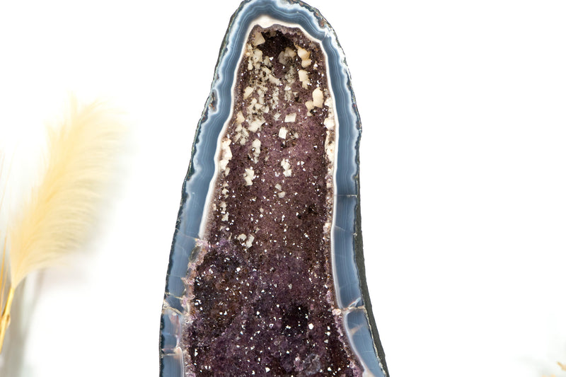 Gorgeous Tall Blue Banded Agate Geode Cathedral with Calcite and Sparkly Lavender Amethyst