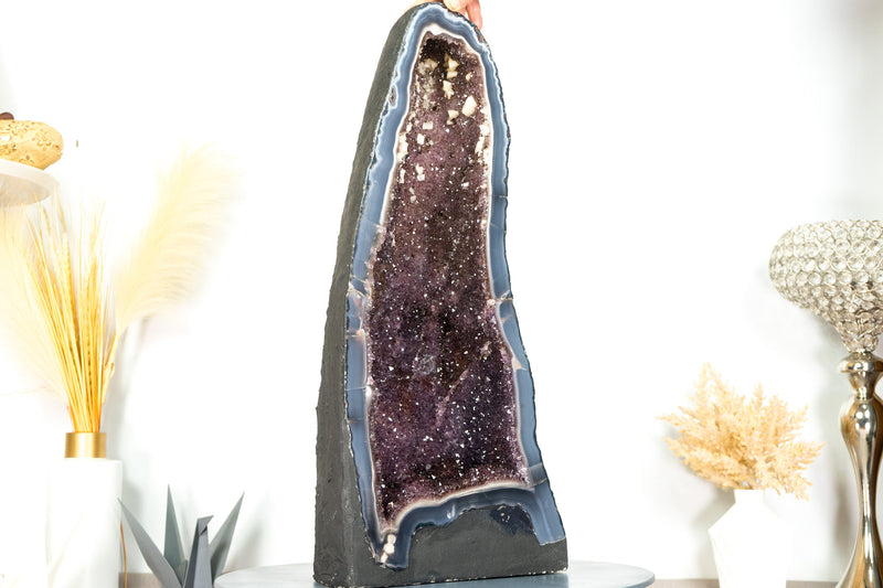 Gorgeous Tall Blue Banded Agate Geode Cathedral with Calcite and Sparkly Lavender Amethyst