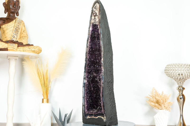 Deep Purple Amethyst Cathedral Geode, with Lace Agate and Calcite Inclusions, Large and Tall Geode