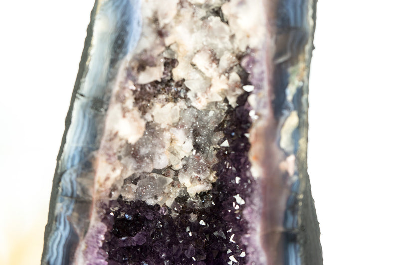 Deep Purple Amethyst Cathedral Geode, with Lace Agate and Calcite Inclusions, Large and Tall Geode