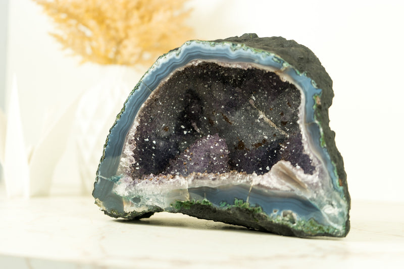 Natural Small Purple Amethyst Geode with Rare Calcite and Lace Agate, 1.4 Kg - 3.0 lb - E2D Crystals & Minerals