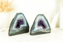 Matching Pair of Small Lace Agate Cathedrals with Deep Purple Crystal Amethyst