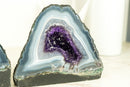 Matching Pair of Small Lace Agate Cathedrals with Deep Purple Crystal Amethyst
