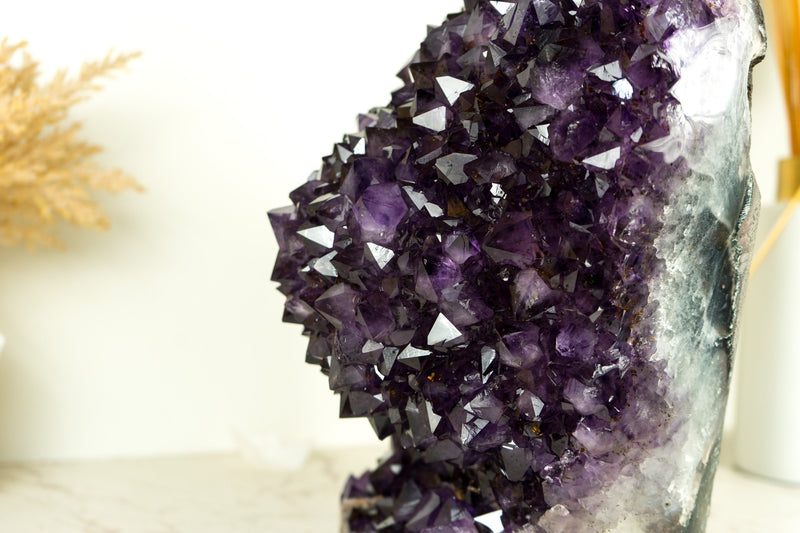 Weltklasse-Amethyst-Geodenblume, extragroß, freistehend, mit dunkelviolettem AAA-Amethyst-Drusenstein