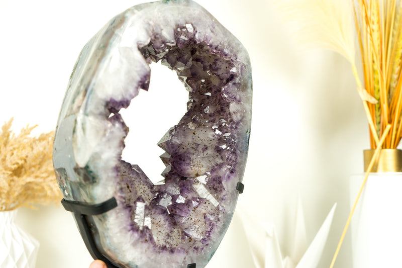 Gorgeous Amethyst Crown Geode Slice with Sparkling Large Purple Druzy on Rotating Stand