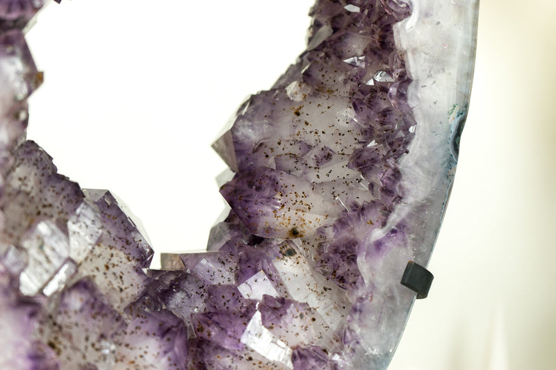 Gorgeous Amethyst Crown Geode Slice with Sparkling Large Purple Druzy on Rotating Stand