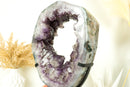 Gorgeous Amethyst Crown Geode Slice with Sparkling Large Purple Druzy on Rotating Stand