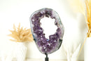 Gorgeous Amethyst Crown Geode Slice with Sparkling Large Purple Druzy on Rotating Stand