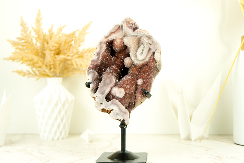 Rare Pink Amethyst Geode with Natural Red Crystal Amethyst Druzy on Stand